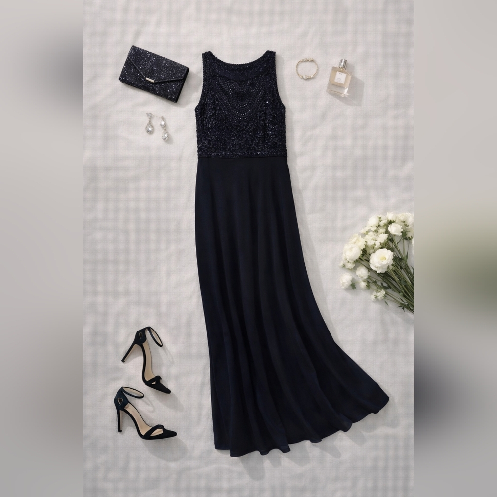 Adrienna Papell Beaded Sequined Sleeveless Ruched Back Gown/dress Ladies Size 4